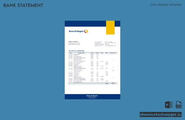 Kontoauszug der Banco de Bogotá (Kolumbien) – Excel-Version 2 – Beispielvorschau